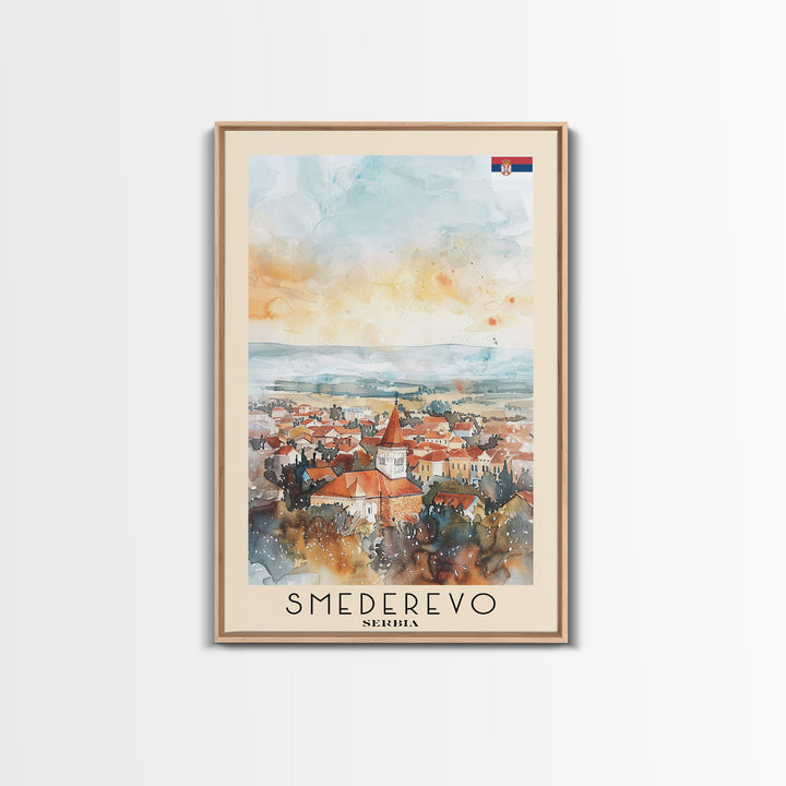 Smederevo Serbia Travel Poster Framed Canvas Print, Watercolor Painting, Scenic Wall Art, Home Decor, Serbian Cityscape, Modern Art