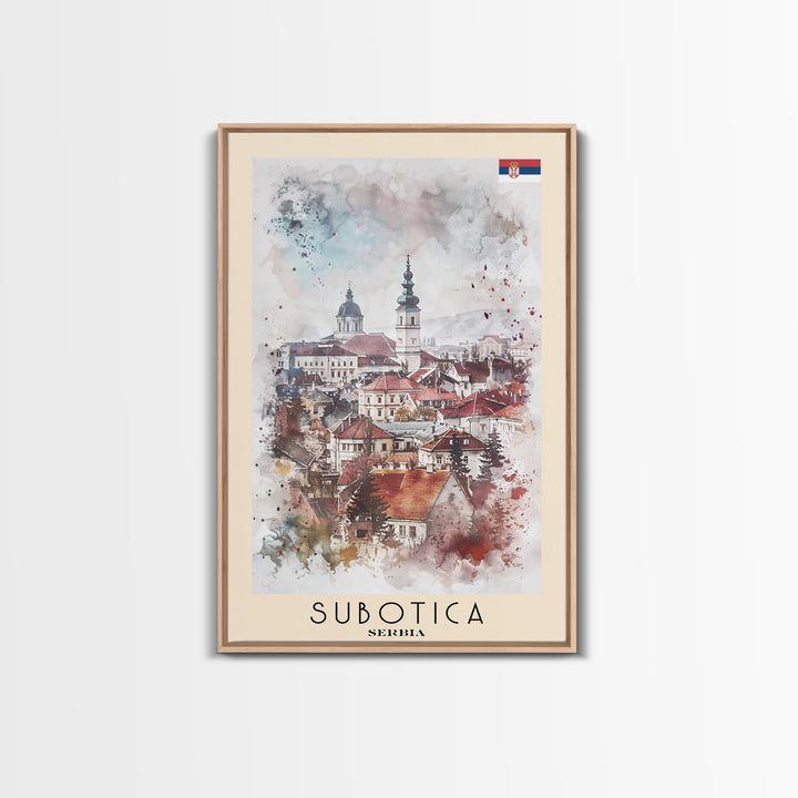 Subotica Serbia Travel Poster Framed Canvas Print, Watercolor Painting, Scenic Wall Art, Home Decor, Serbian Landscape, Vibrant Decor