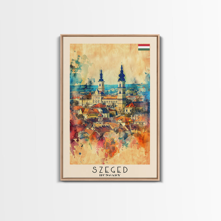 Szeged Hungary Travel Poster Framed Canvas Print, Watercolor Painting, Scenic Wall Art, Home Decor, Hungarian Cityscape, Vibrant Art
