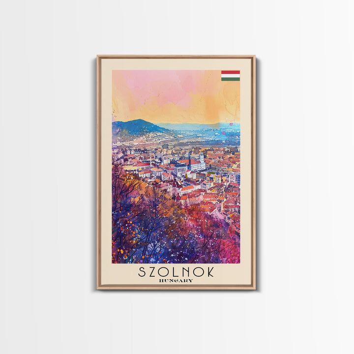 Szolnok Hungary Travel Poster Framed Canvas Print, Watercolor Painting, Scenic Wall Art, Home Decor, Hungarian Landscape, Traditional Art