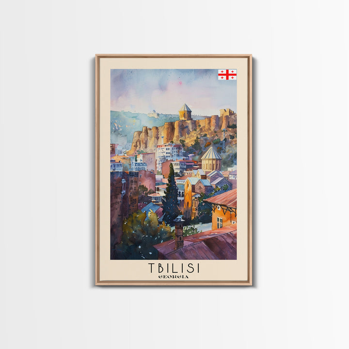 Tbilisi Georgia Travel Poster Framed Canvas Print, Watercolor Painting, Urban Wall Art, Home Decor, Georgian Cityscape, Artistic Decor