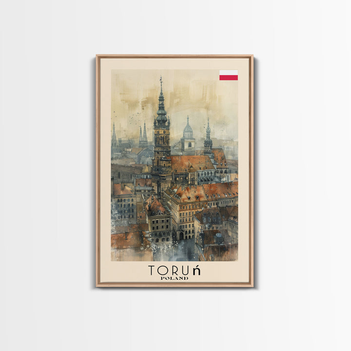 Torun Poland Travel Poster Framed Canvas Print, Watercolor Painting, Historic Wall Art, Home Decor, Polish Cityscape, Medieval Art