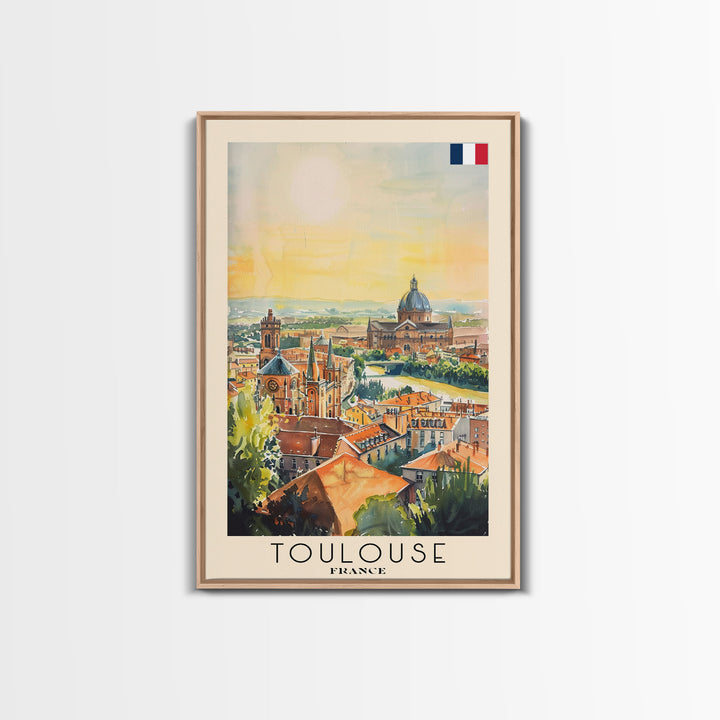 Toulouse France Travel Poster Framed Canvas Print, Watercolor Painting, Urban Wall Art, Home Decor, French Architecture, Stylish Decor