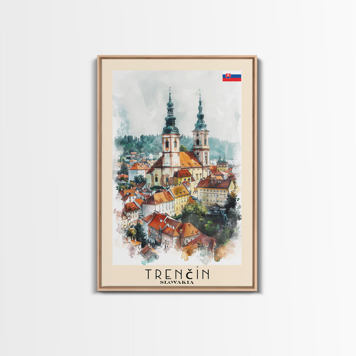 Trencin Slovakia Travel Poster Framed Canvas Print, Watercolor Painting, Scenic Wall Art, Home Decor, Slovakian Landscape, Alpine Decor