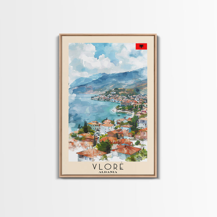 Vlor Albania Travel Poster Framed Canvas Print, Watercolor Painting, Scenic Wall Art, Home Decor, Albanian Landscape, Exotic Decor
