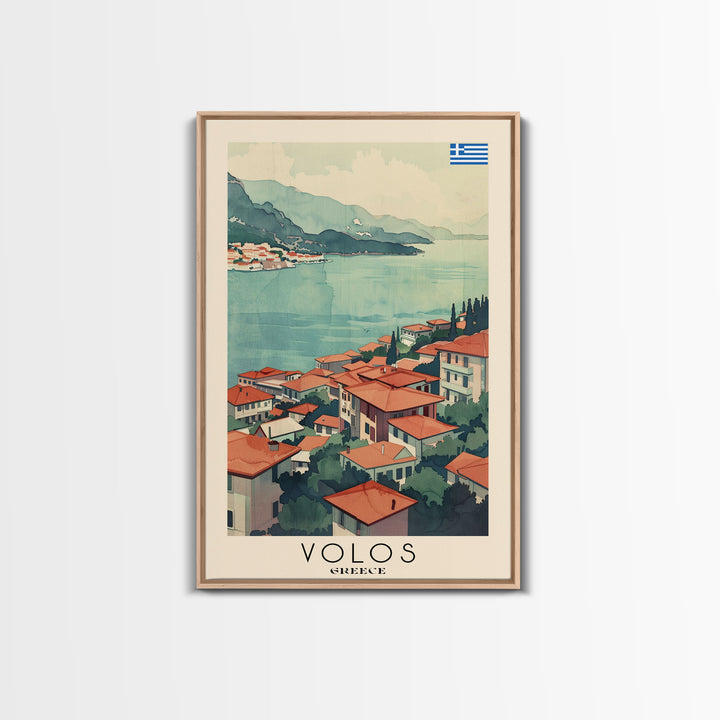 Volos Greece Travel Poster Framed Canvas Print, Watercolor Painting, Coastal Wall Art, Home Decor, Greek Seaside, Mediterranean Art