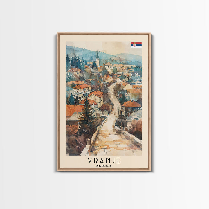 Vranje Serbia Travel Poster Framed Canvas Print, Watercolor Painting, Scenic Wall Art, Home Decor, Serbian Landscape, Traditional Art