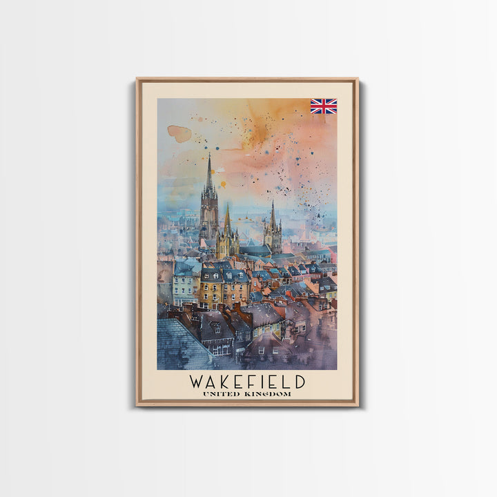 Wakefield United Kingdom Travel Poster Framed Canvas Print, Watercolor Painting, Urban Wall Art, Home Decor, British Cityscape, Elegant Decor