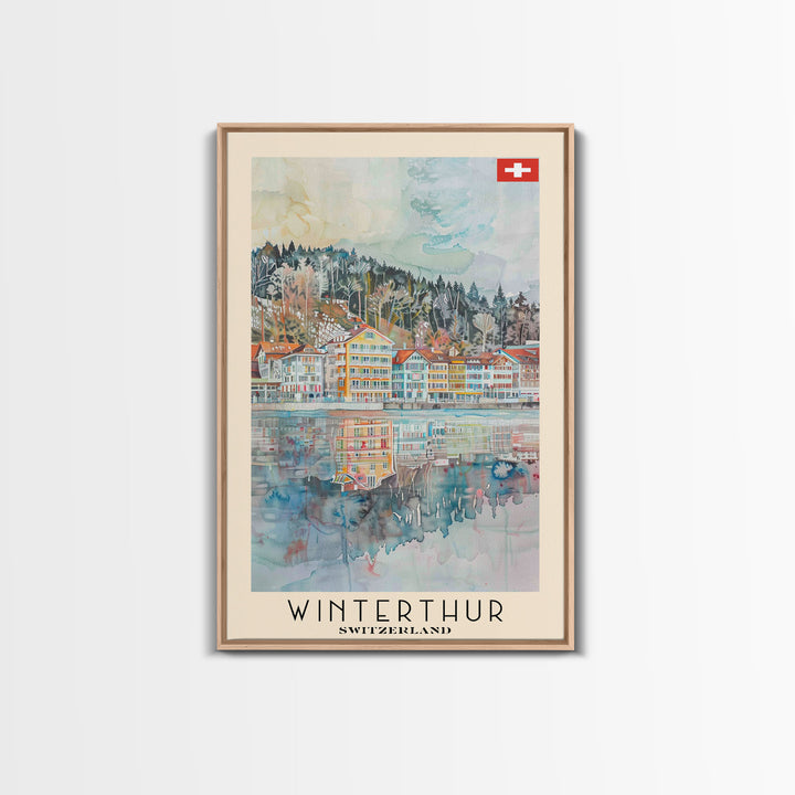 Winterthur Switzerland Travel Poster Framed Canvas Print, Watercolor Painting, Scenic Wall Art, Home Decor, Swiss Landscape, Thoughtful Gift