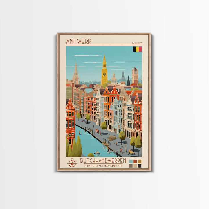 Antwerp Belgium Travel Poster Framed Canvas Print, Midcentury Modern Art, Pop Art Wall Decor, Home Decor, Vacation Gift, Living Room Art