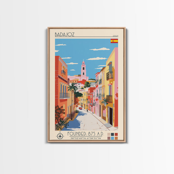 Badajoz Spain Travel Poster Framed Canvas Print, Midcentury Modern Art, Pop Art Wall Decor, Home Decor, Vacation Gift, Living Room Art