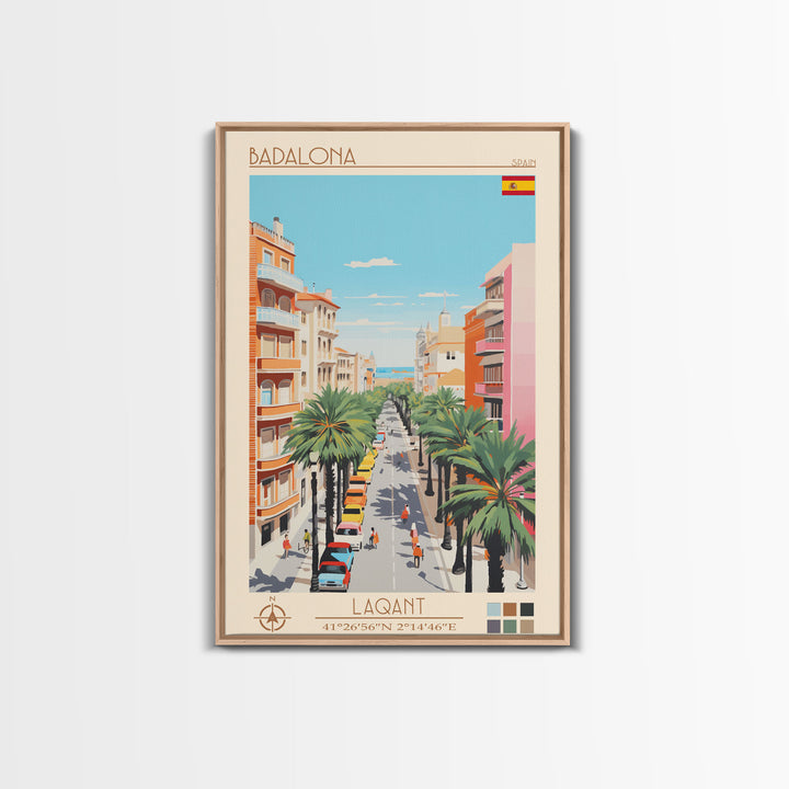 Badalona Spain Travel Poster Framed Canvas Print, Midcentury Modern Art, Pop Art Wall Decor, Home Decor, Vacation Gift, Living Room Art
