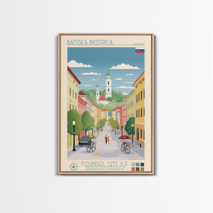 Banská Bystrica City in Slovakia Slovakia Travel Poster Framed Canvas Print, Midcentury Modern Art, Pop Art Wall Decor, Home Decor, Vacation Gift, Living Room Art