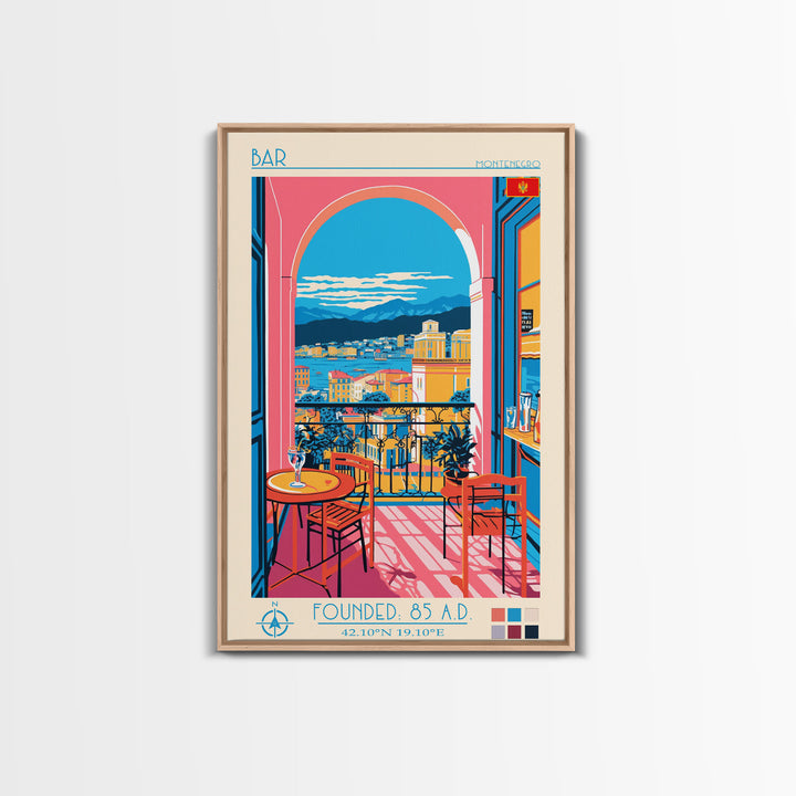 Bar Montenegro Travel Poster Framed Canvas Print, Midcentury Modern Art, Pop Art Wall Decor, Home Decor, Vacation Gift, Living Room Art