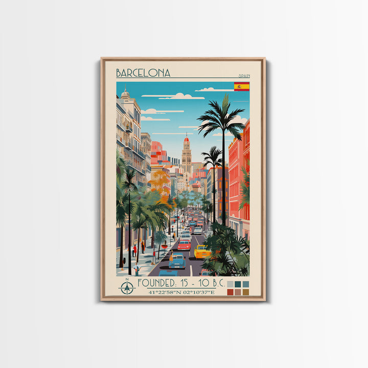 Barcelona Spain Travel Poster Framed Canvas Print, Midcentury Modern Art, Pop Art Wall Decor, Home Decor, Vacation Gift, Living Room Art