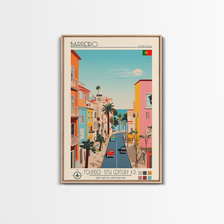 Barreiro Portugal Travel Poster Framed Canvas Print, Midcentury Modern Art, Pop Art Wall Decor, Home Decor, Vacation Gift, Living Room Art