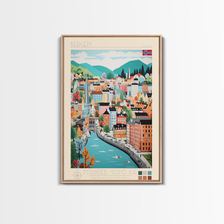 Bergen Norway Travel Poster Framed Canvas Print, Midcentury Modern Art, Pop Art Wall Decor, Home Decor, Vacation Gift, Living Room Art