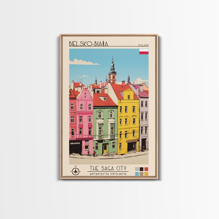 Bielsko-Biała Poland Travel Poster Framed Canvas Print, Vintage Style, Pop Art Home Decor, Scenic Wall Art, Living Room Decoration