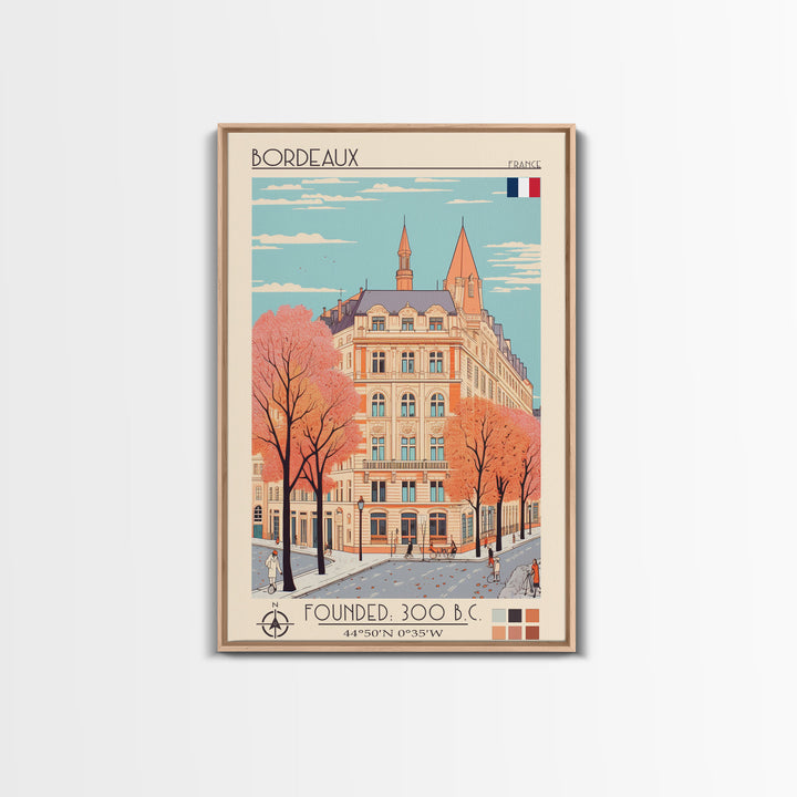 Bordeaux France Travel Poster Framed Canvas Print, Midcentury Modern Art, Pop Art Home Decor, Scenic Wall Art, Living Room Decoration