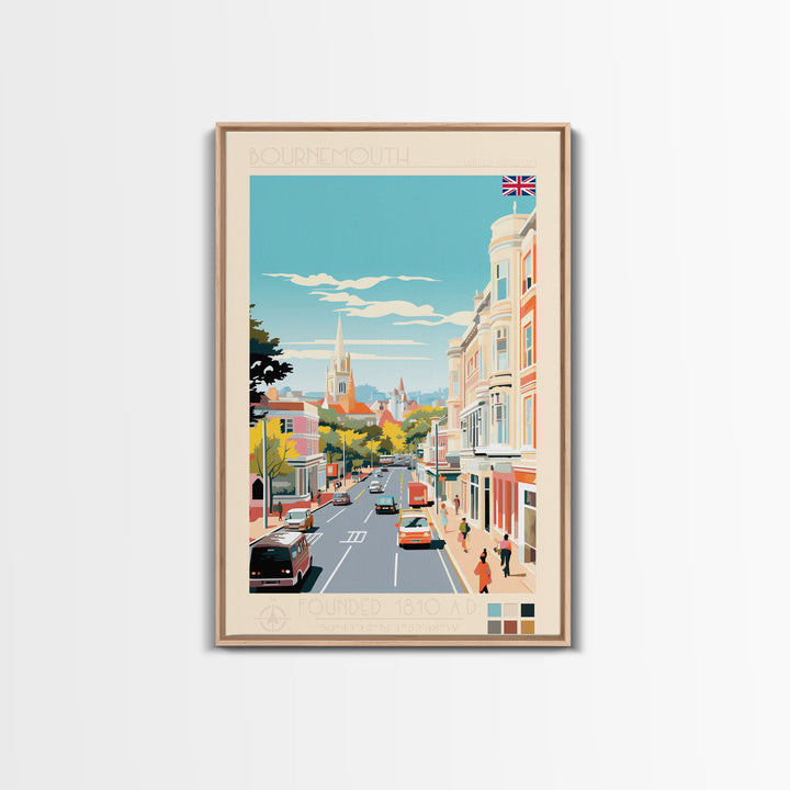 Bournemouth United Kingdom Travel Poster Framed Canvas Print, Midcentury Modern Art, Pop Art Wall Decor, Scenic Wall Art, Living Room Art