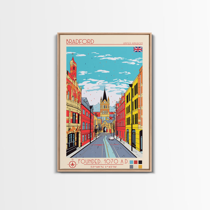 Bradford United Kingdom Travel Poster Framed Canvas Print, Midcentury Modern Art, Pop Art Wall Decor, Home Decor, Vacation Gift, Living Room Art