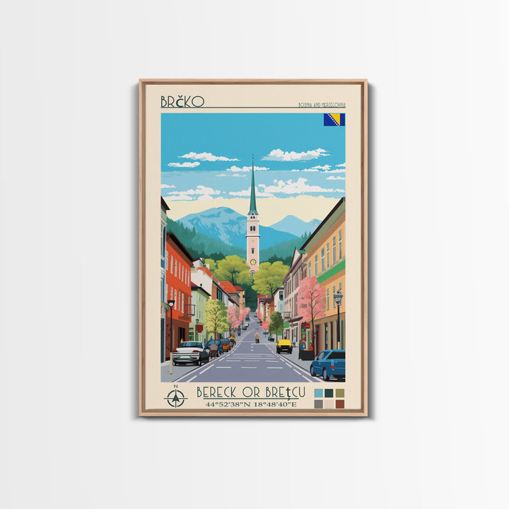 Brčko Bosnia and Herzegovina Travel Poster Framed Canvas Print, Midcentury Modern Art, Pop Art Wall Decor, Home Decor, Living Room Art