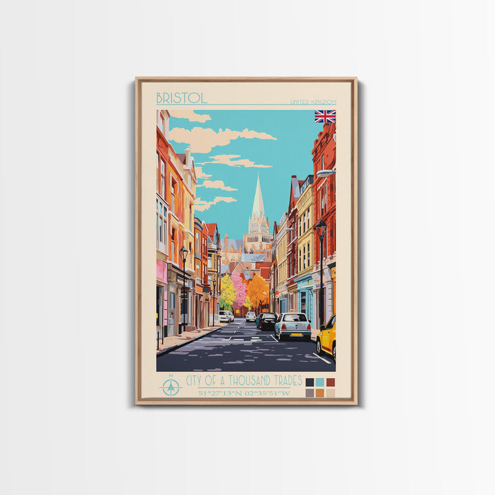 Bristol United Kingdom Travel Poster Framed Canvas Print, Midcentury Modern Art, Pop Art Wall Decor, Scenic Wall Art, Living Room Art