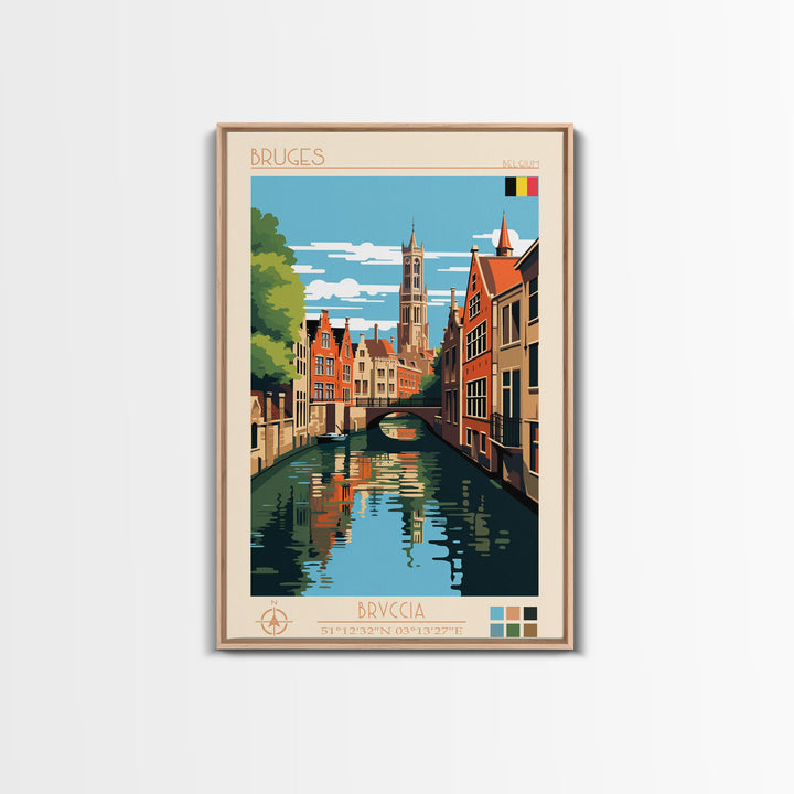 Bruges Belgium Travel Poster Framed Canvas Print, Vintage Style, Pop Art Home Decor, Scenic Wall Art, Living Room Decoration, Artistic Gift