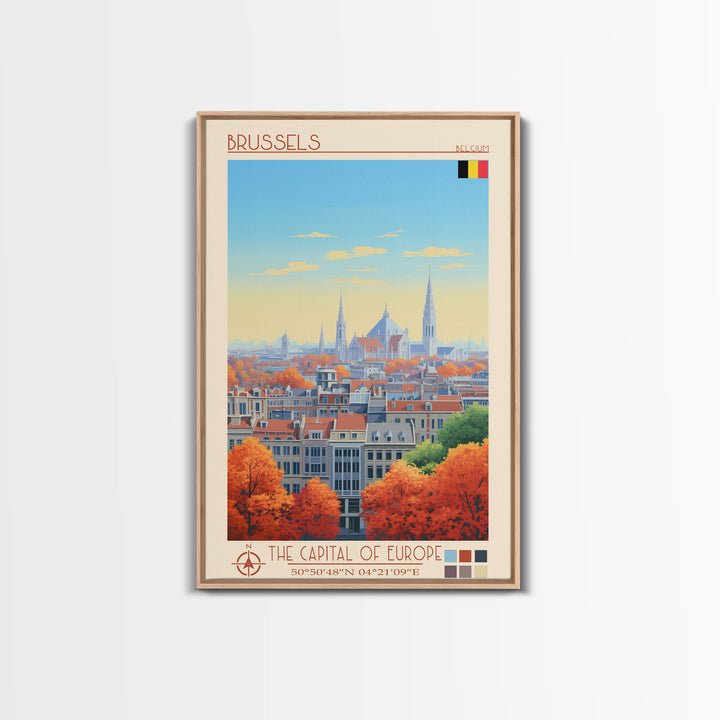 Brussels Belgium Travel Poster Framed Canvas Print, Midcentury Modern Art, Pop Art Wall Decor, Home Decor, Vacation Gift, Living Room Art