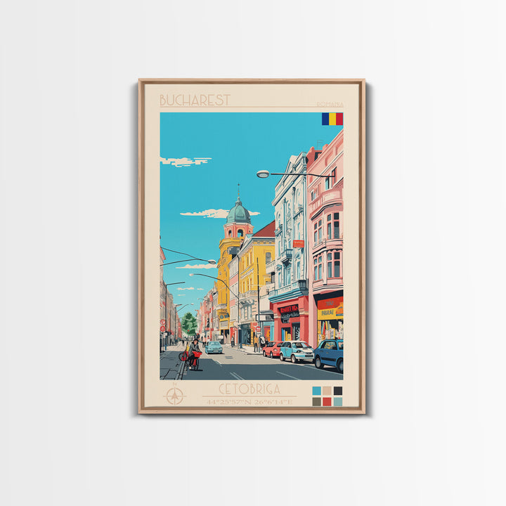 Bucharest Romania Travel Poster Framed Canvas Print, Midcentury Modern Art, Pop Art Wall Decor, Home Decor, Vacation Gift, Living Room Art