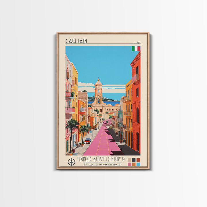 Cagliari Italy Travel Poster Framed Canvas Print, Midcentury Modern Art, Pop Art Wall Decor, Home Decor, Vacation Gift, Living Room Art