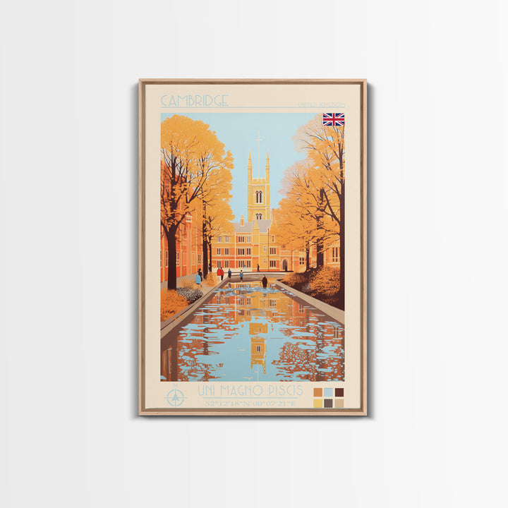 Cambridge United Kingdom Travel Poster Framed Canvas Print, Midcentury Modern Art, Pop Art Wall Decor, Home Decor, Vacation Gift, Living Room Art