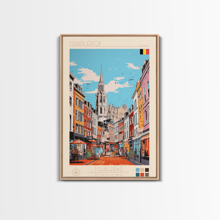 Charleroi Belgium Travel Poster Framed Canvas Print, Midcentury Modern Art, Pop Art Wall Decor, Home Decor, Vacation Gift, Living Room Art