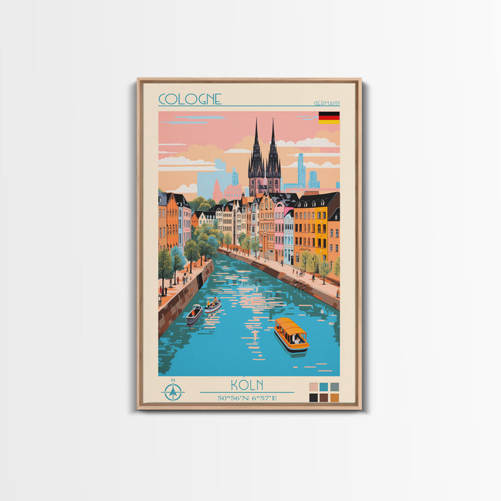 Cologne Germany Travel Poster Framed Canvas Print, Midcentury Modern Art, Pop Art Wall Decor, Scenic Wall Art, Living Room Art