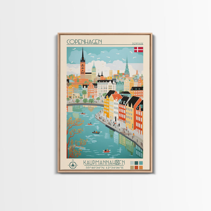 Copenhagen Denmark Travel Poster Framed Canvas Print, Vintage Style, Pop Art Home Decor, Scenic Wall Art, Living Room Decoration, Artistic Gift