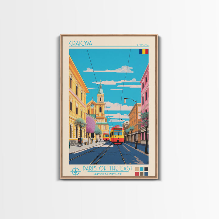 Craiova Romania Travel Poster Framed Canvas Print, Midcentury Modern Art, Pop Art Wall Decor, Home Decor, Vacation Gift, Living Room Art