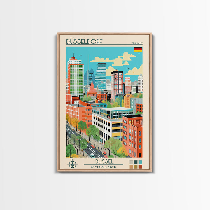 Düsseldorf Germany Travel Poster Framed Canvas Print, Midcentury Modern Art, Pop Art Wall Decor, Home Decor, Vacation Gift, Office Art