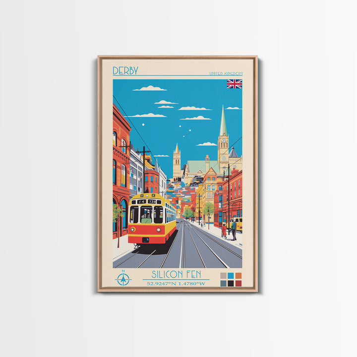 Derby United Kingdom Travel Poster Framed Canvas Print, Midcentury Modern Art, Pop Art Wall Decor, Scenic Wall Art, Living Room Art