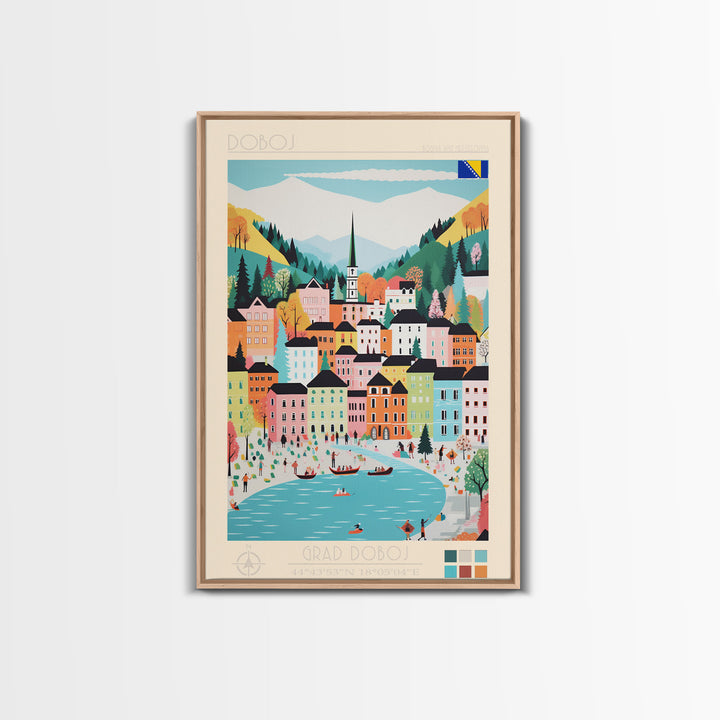 Doboj Bosnia and Herzegovina Travel Poster Framed Canvas Print, Midcentury Modern Art, Pop Art Wall Decor, Home Decor, Vacation Gift, Living Room Art