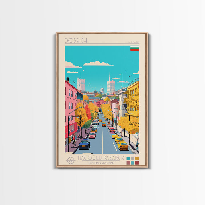 Dobrich Bulgaria Travel Poster Framed Canvas Print, Midcentury Modern Art, Pop Art Wall Decor, Home Decor, Vacation Gift, Living Room Art
