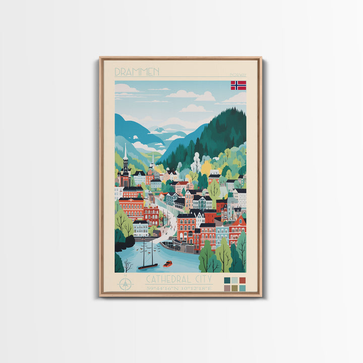 Drammen Norway Travel Poster Framed Canvas Print, Midcentury Modern Art, Pop Art Wall Decor, Home Decor, Vacation Gift, Living Room Art