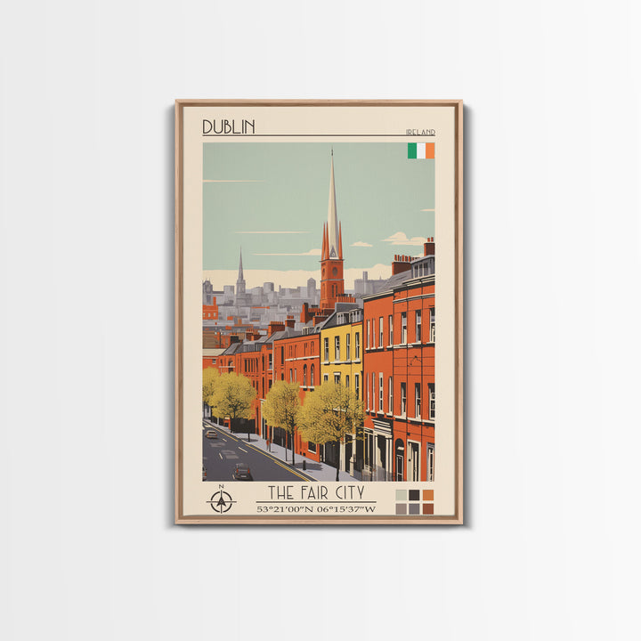 Dublin Ireland Travel Poster Framed Canvas Print, Midcentury Modern Art, Pop Art Wall Decor, Scenic Bedroom Art, Office Decoration