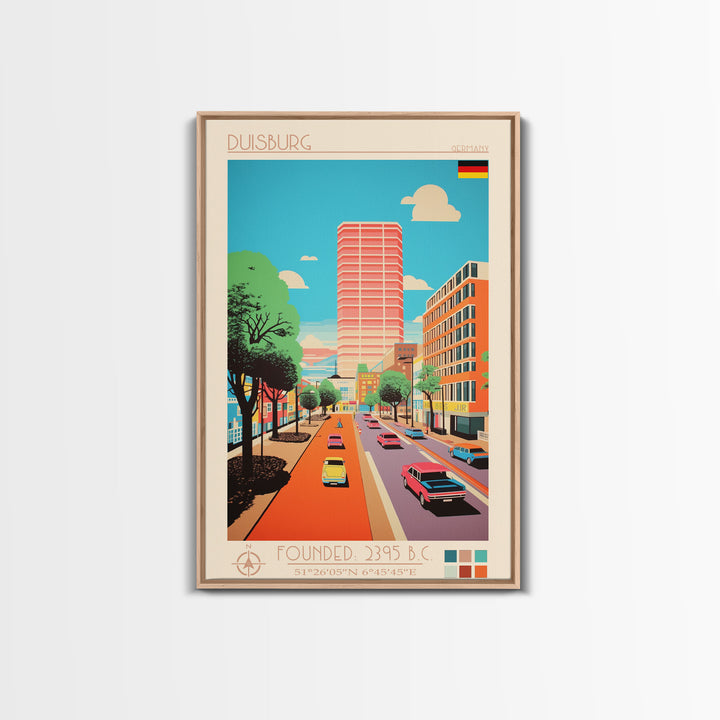 Duisburg Germany Travel Poster Framed Canvas Print, Midcentury Modern Art, Pop Art Wall Decor, Scenic Living Room Art, Bedroom Decor