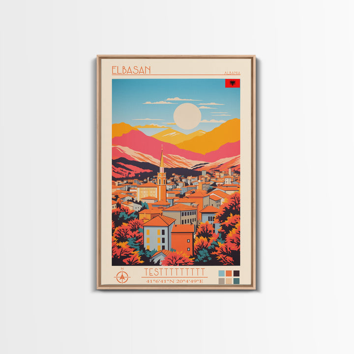 Elbasan Albania Travel Poster Framed Canvas Print, Midcentury Modern Art, Pop Art Wall Decor, Home Decor, Vacation Gift, Bedroom Art