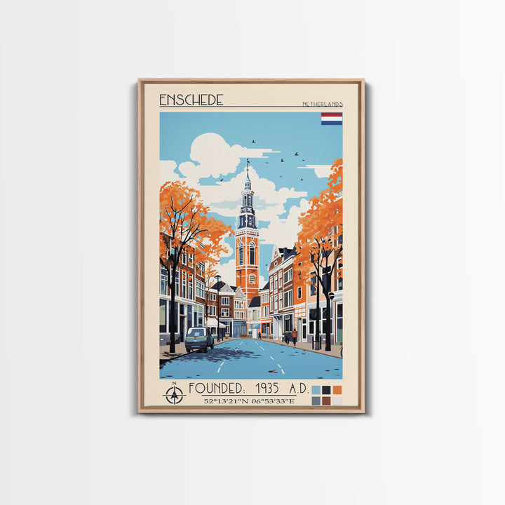 Enschede Netherlands Travel Poster Framed Canvas Print, Midcentury Modern Art, Pop Art Wall Decor, Scenic Wall Art, Bedroom Decoration
