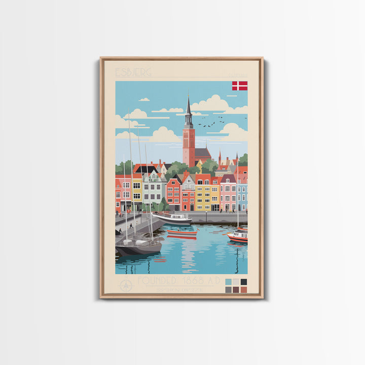 Esbjerg Denmark Travel Poster Framed Canvas Print, Midcentury Modern Art, Pop Art Wall Decor, Scenic Bedroom Art, Office Decoration