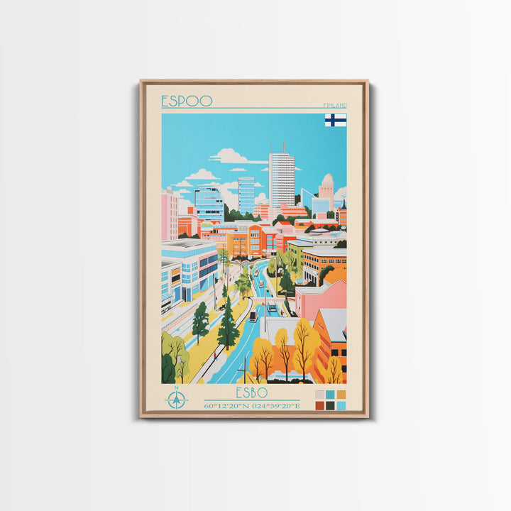Espoo Finland Travel Poster Framed Canvas Print, Vintage Style, Pop Art Home Decor, Scenic Wall Art, Bedroom Decoration, Office Gift