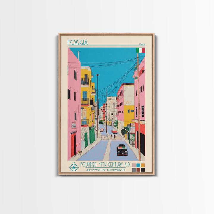 Foggia Italy Travel Poster Framed Canvas Print, Midcentury Modern Art, Pop Art Wall Decor, Home Decor, Vacation Gift, Bedroom Art
