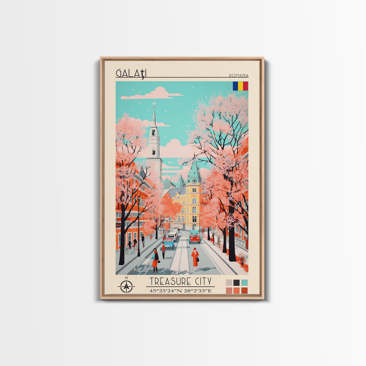Galați Romania Travel Poster Framed Canvas Print, Midcentury Modern Art, Pop Art Wall Decor, Scenic Wall Art, Bedroom Decoration, Office Art