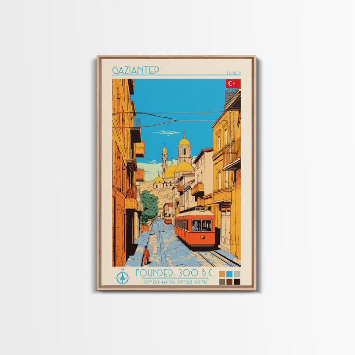 Gaziantep Turkey Travel Poster Framed Canvas Print, Midcentury Modern Art, Pop Art Wall Decor, Scenic Living Room Art, Bedroom Decor